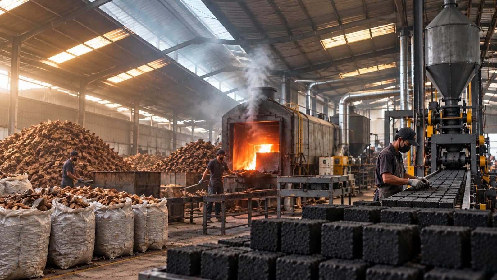 Glowing coconut charcoal briquettes